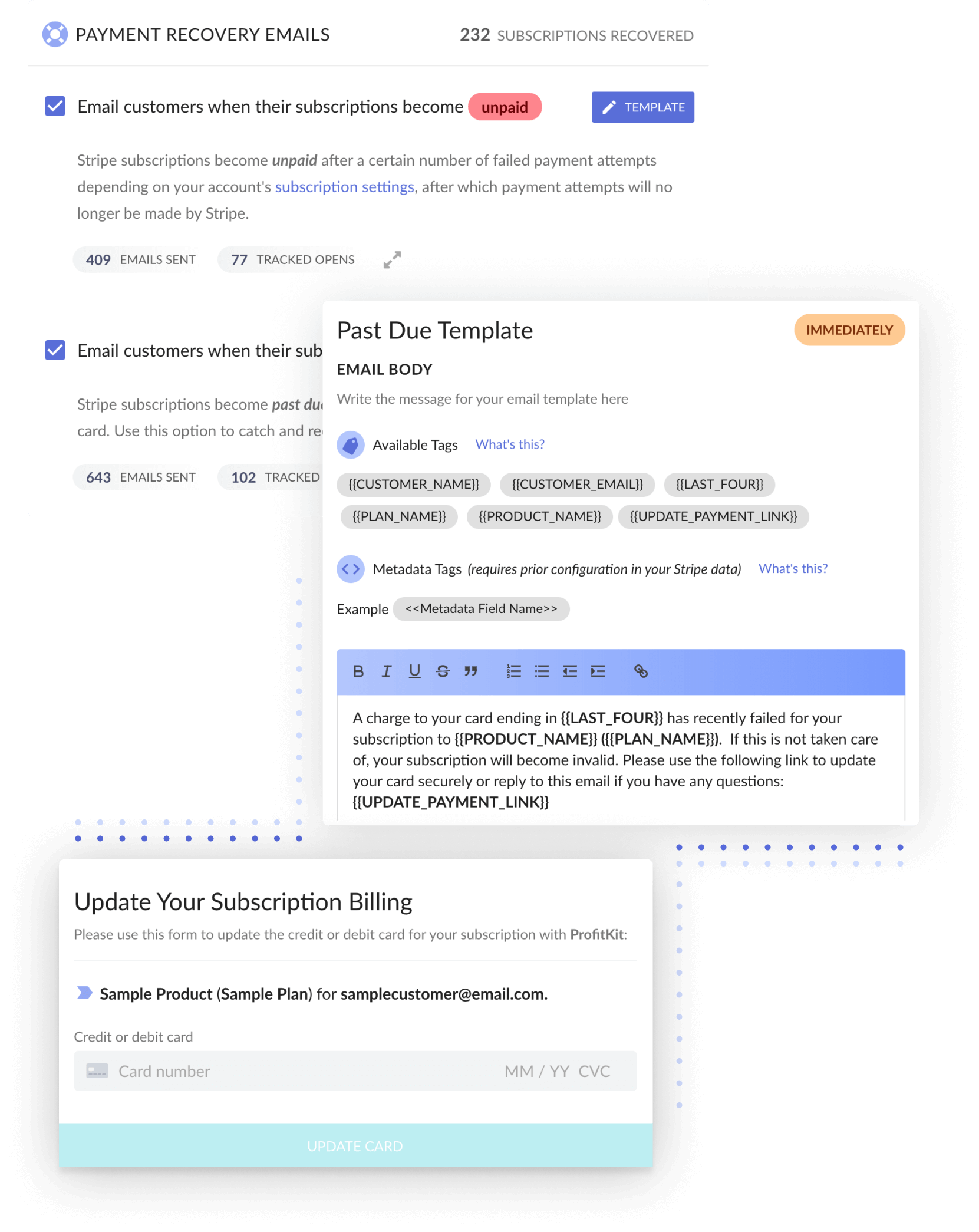 ProfitKit payment recovery emails and card-update form